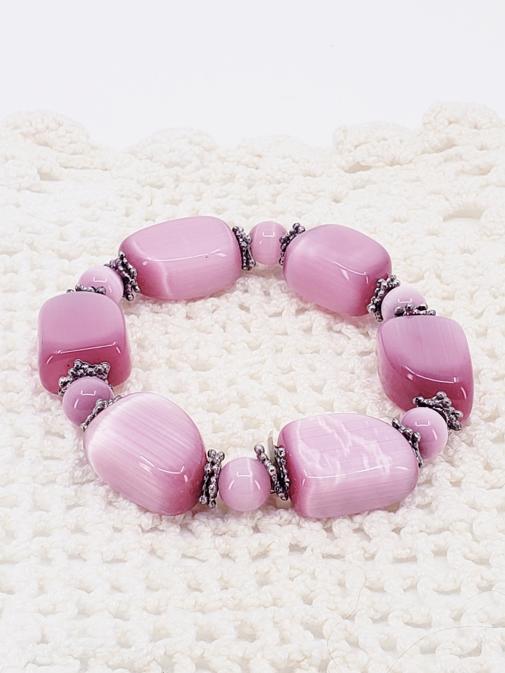 E6007 Pink Cats Eye Chunky Beaded Stretch Bracelet